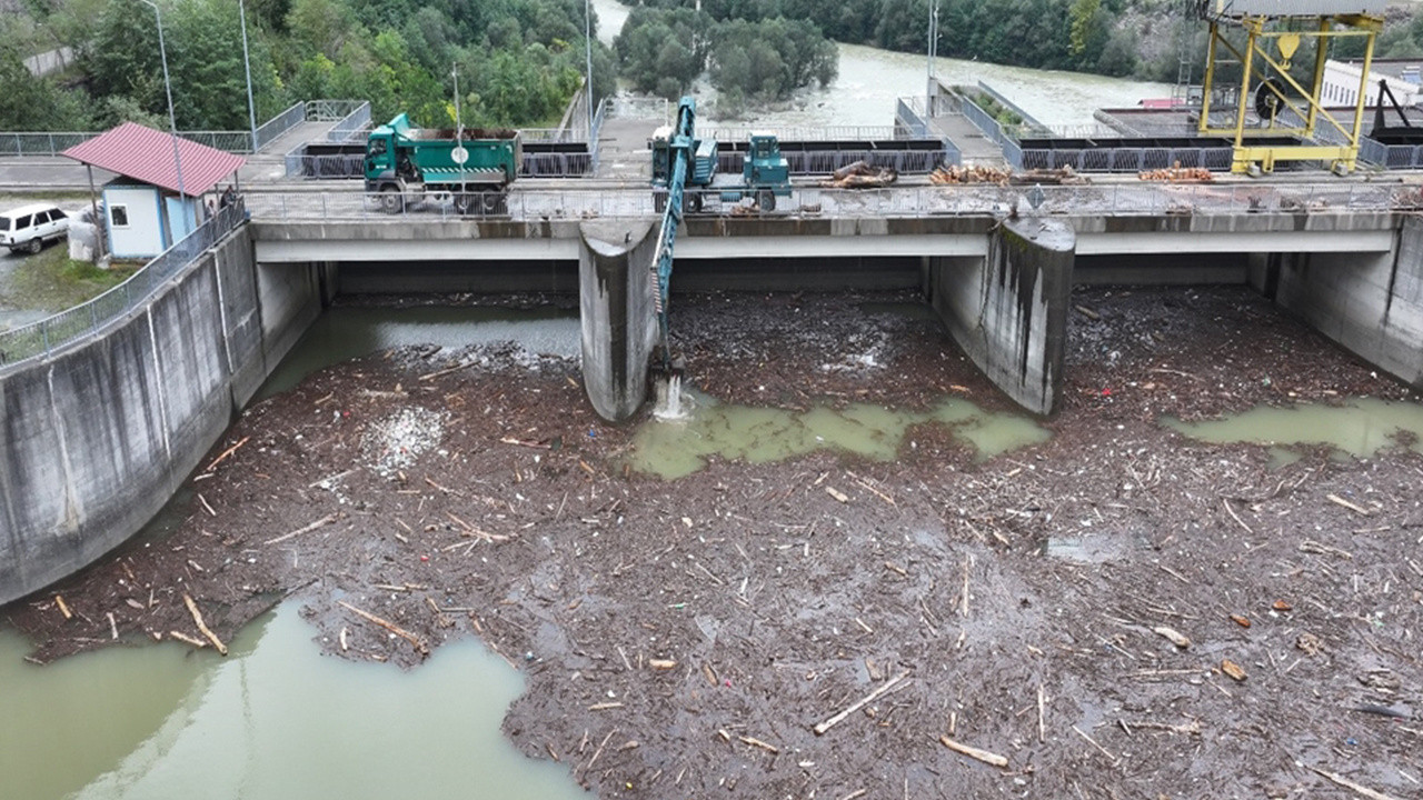 Baraj gölünde sel sularının sürüklediği odunlar temizleniyor