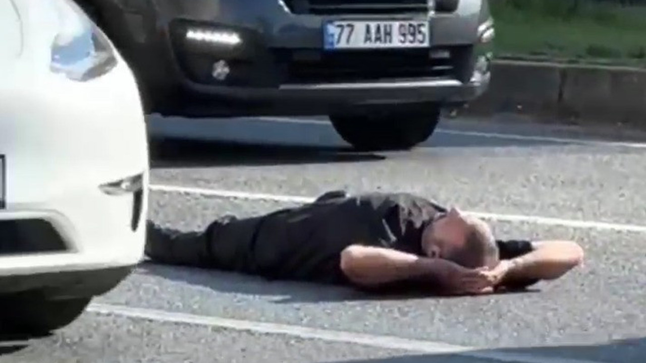 Yolun ortasına uzanıp trafiği tehlikeye attı