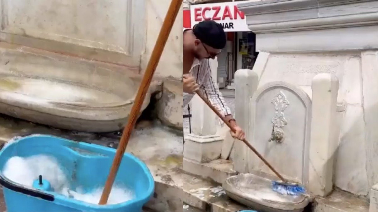 Urla’da 400 yıllık tarihi çeşmeyi karbonat kullanarak yıkadı