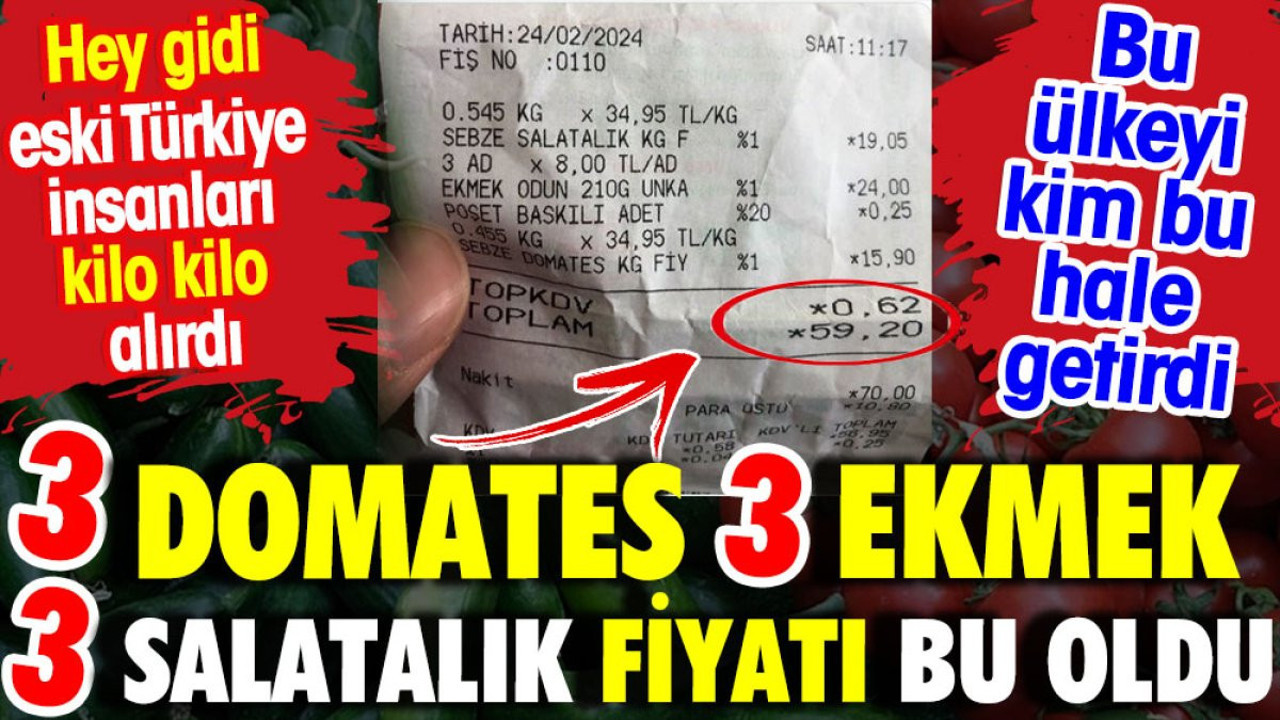 3 domates, 3 ekmek, 3 salatalık fiyatı bu oldu. Hey gidi eski Türkiye insanları kilo kilo alırdı.Bu ülkeyi kim bu hale getirdi