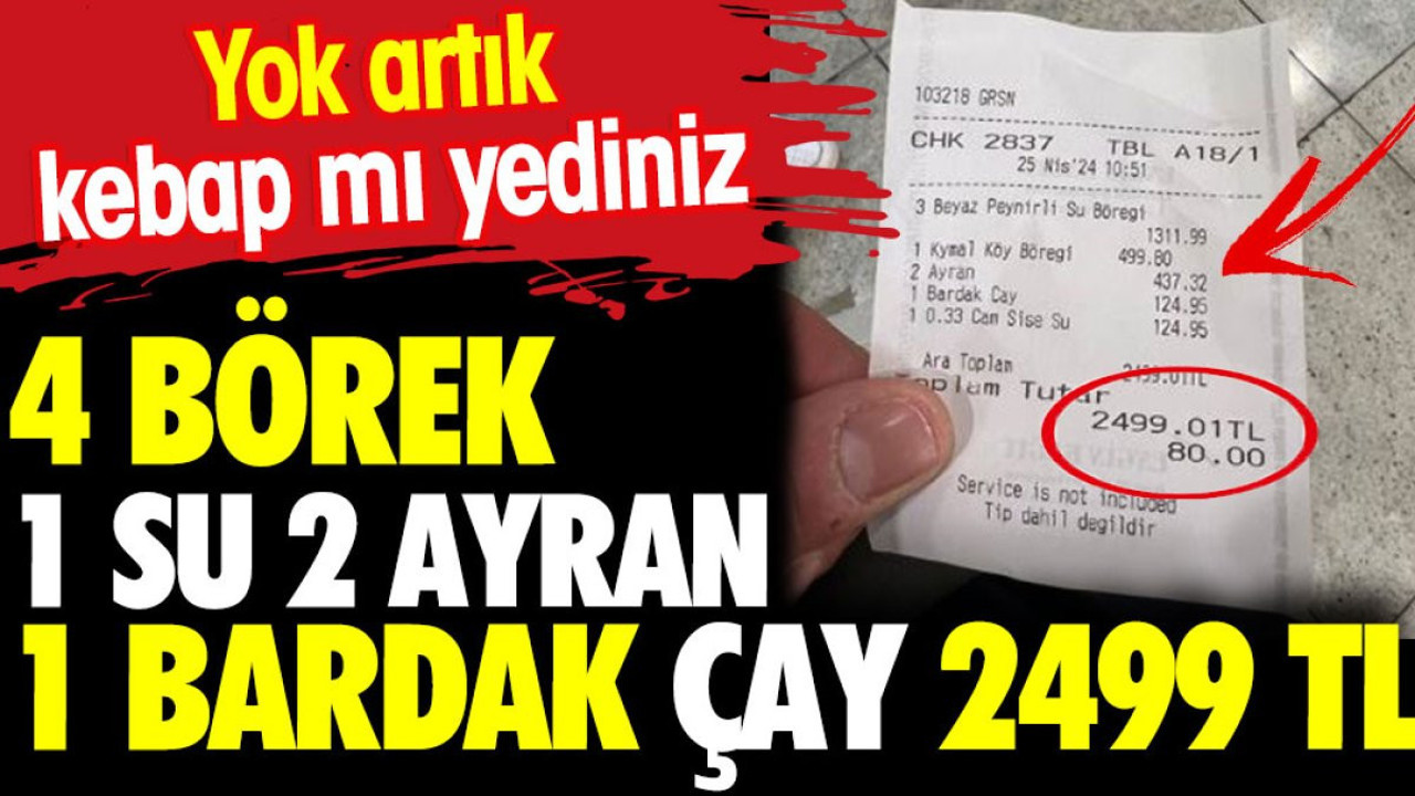 Yok artık kebap mı yediniz? 4 börek 1 su 2 ayran 1 çay 2499 TL