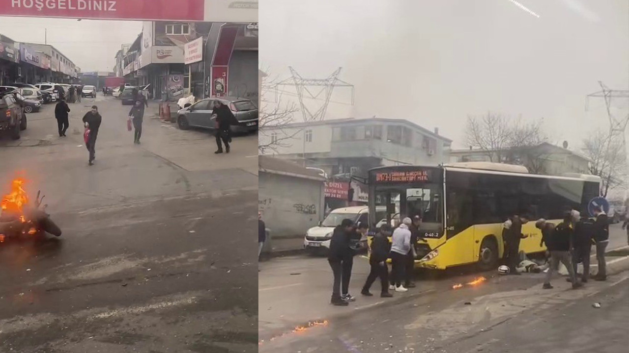 Belediye otobüsüne çarpan motosiklet, alev alarak yandı