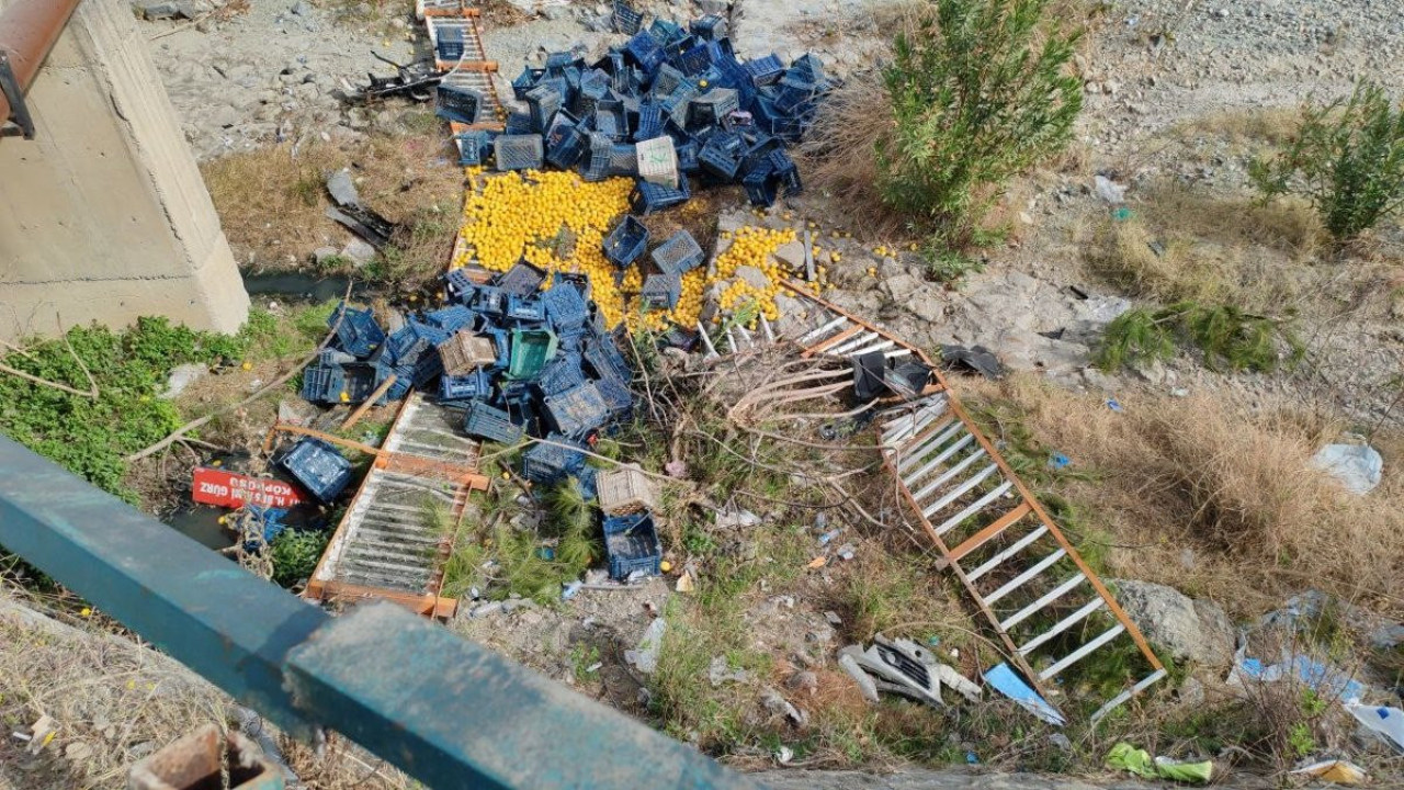 Limon yüklü kamyonet dereye devrildi!