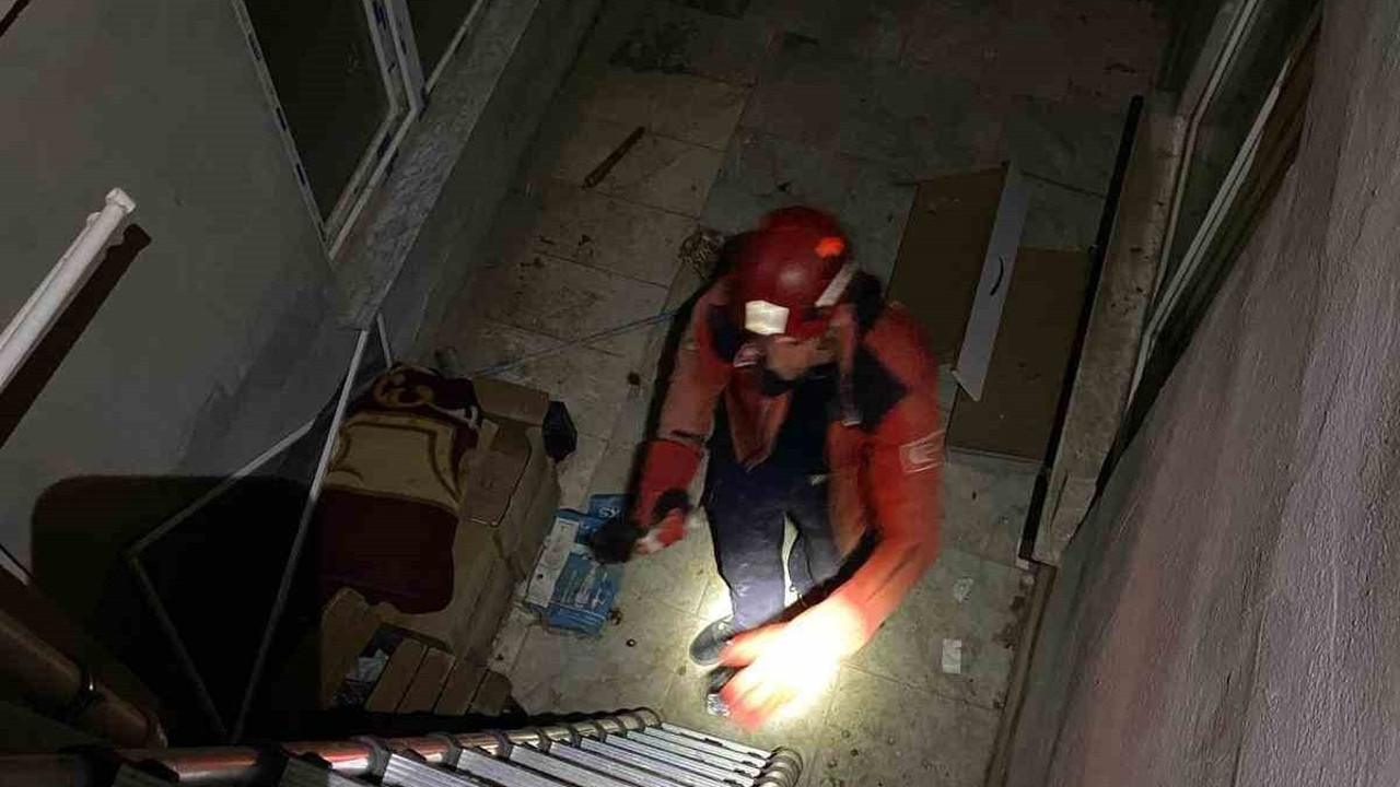 Apartman boşluğuna düşen yavru kedi kurtarıldı