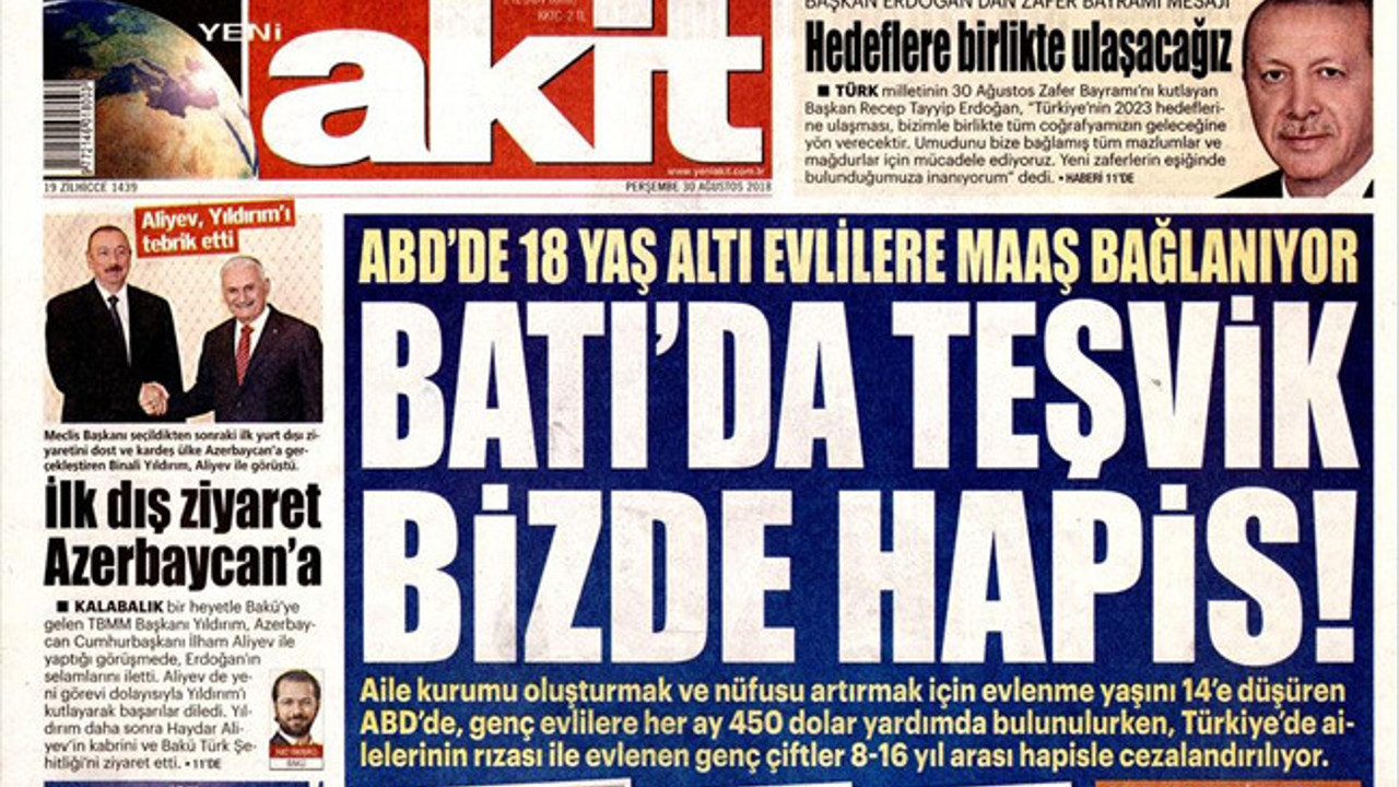 Yeni Akit çocuk gelin rezaletine Batı'yı örnek gösterdi