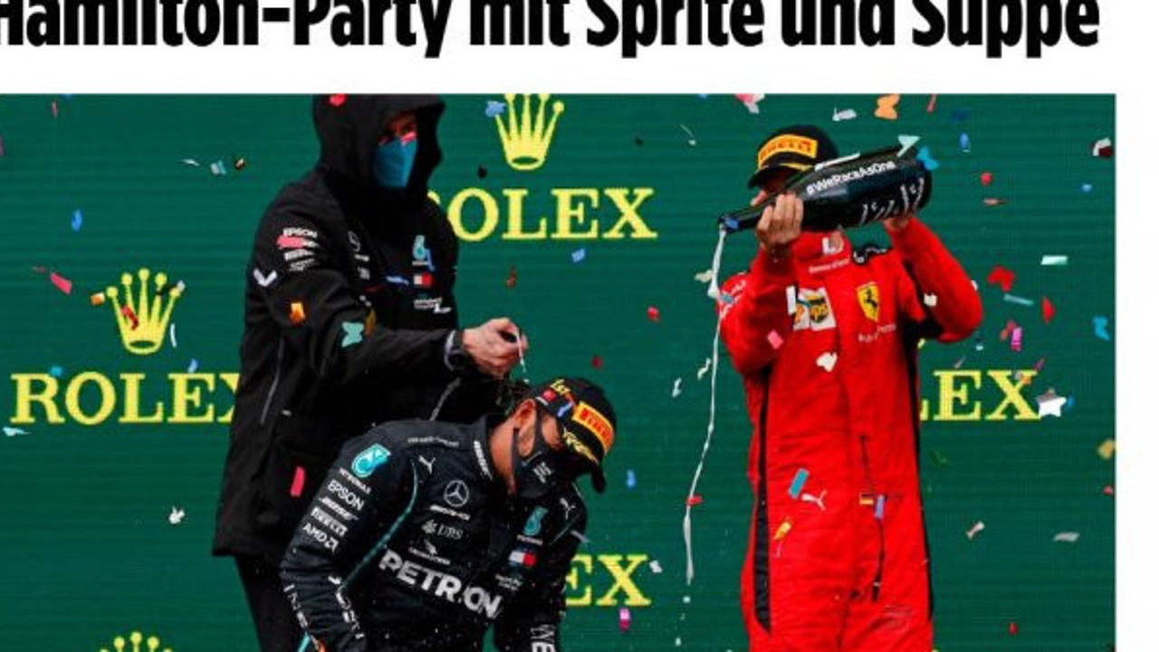 Şampanya yerine bakın ne patlatmışlar. F1 pilotlarının torunlarına anlatacakları bir konu çıktı