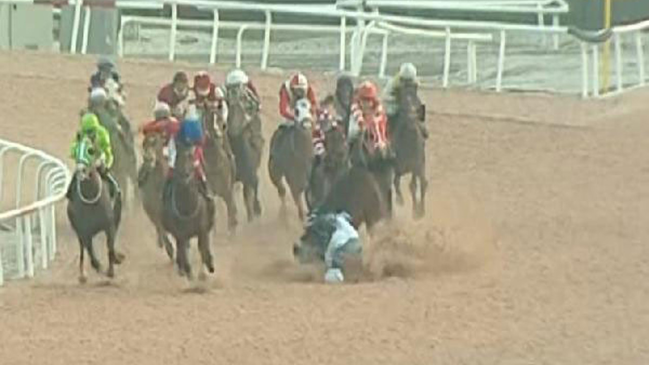 Elini ağzının içine sokarak dilini dışarı çıkardı.Jokey diğer jokeyin hayatını kurtardı