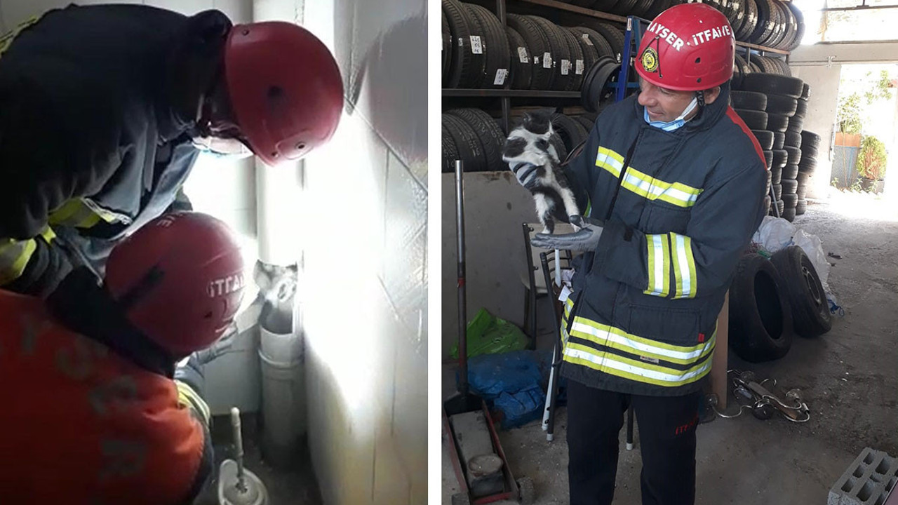 Havalandırma borusuna sıkışan kediyi itfaiye kurtardı