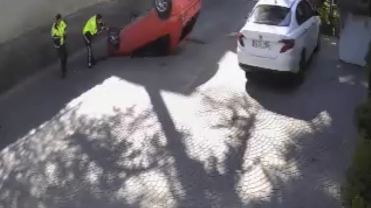 Ters dönen araçtan böyle çıktı