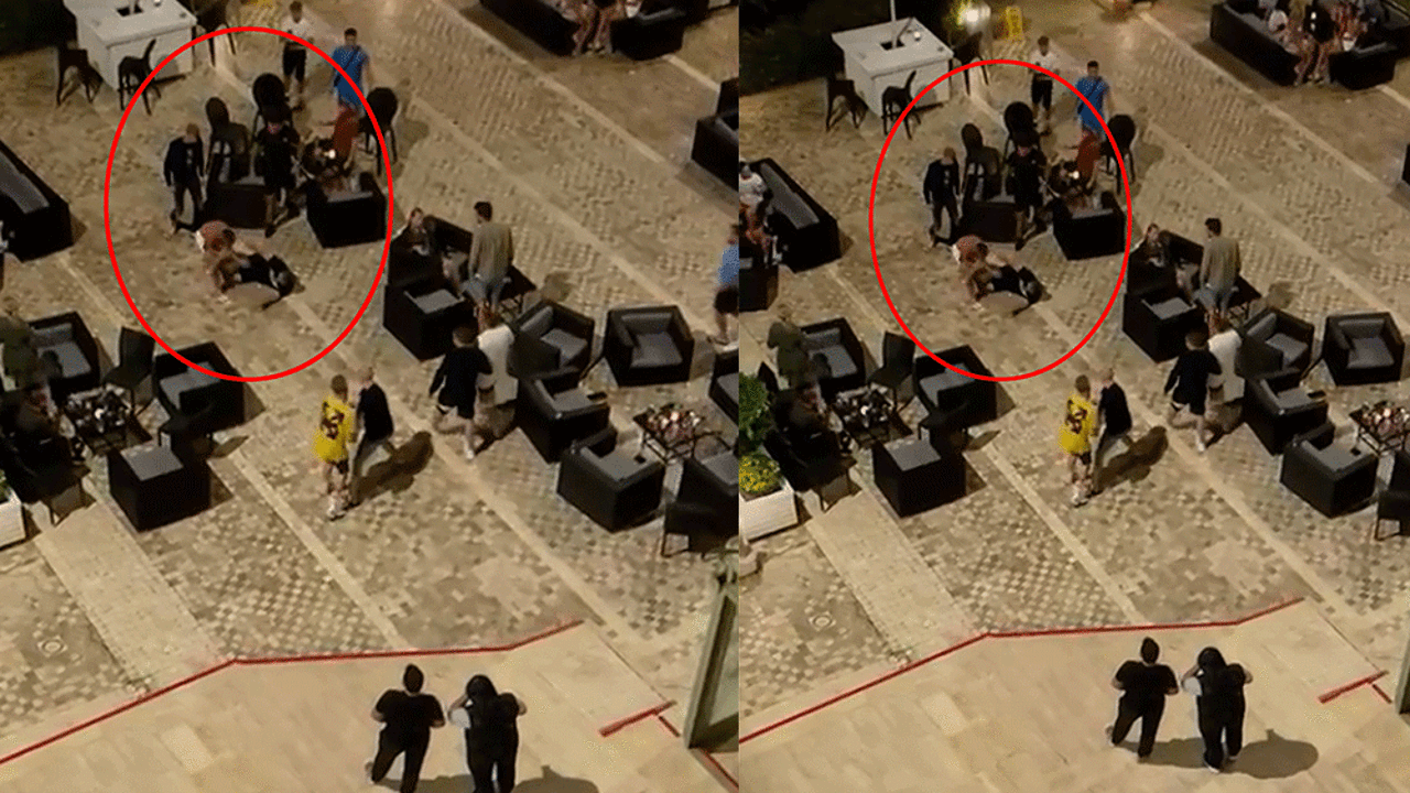 Antalya'daki otelde Rus ve İngilizlerin kız kavgası. Yumruğu atan yere devrildi