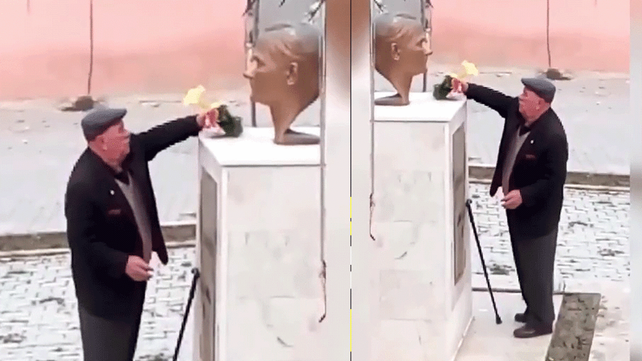 Atatürk büstünü silip çiçek koydu. Helal olsun sana Mehmet amca