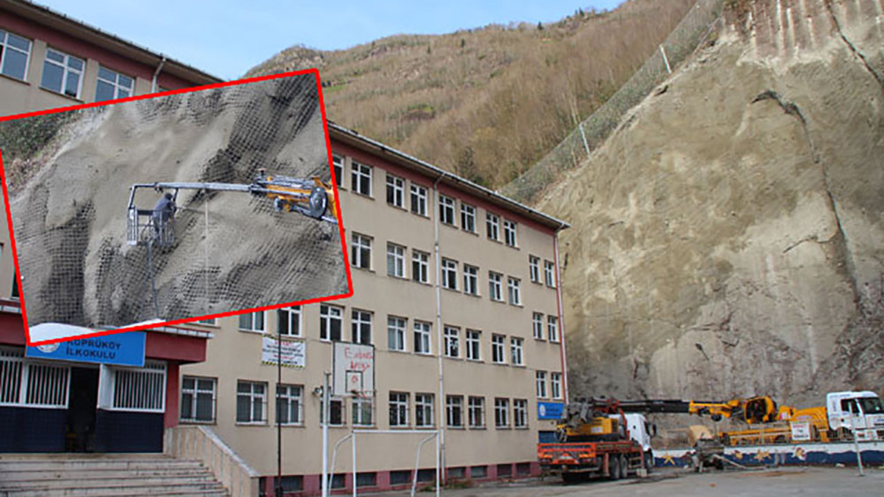 Kaya tehdidi altındaki okulda yamaçlar, çelik ağlarla örülüyor