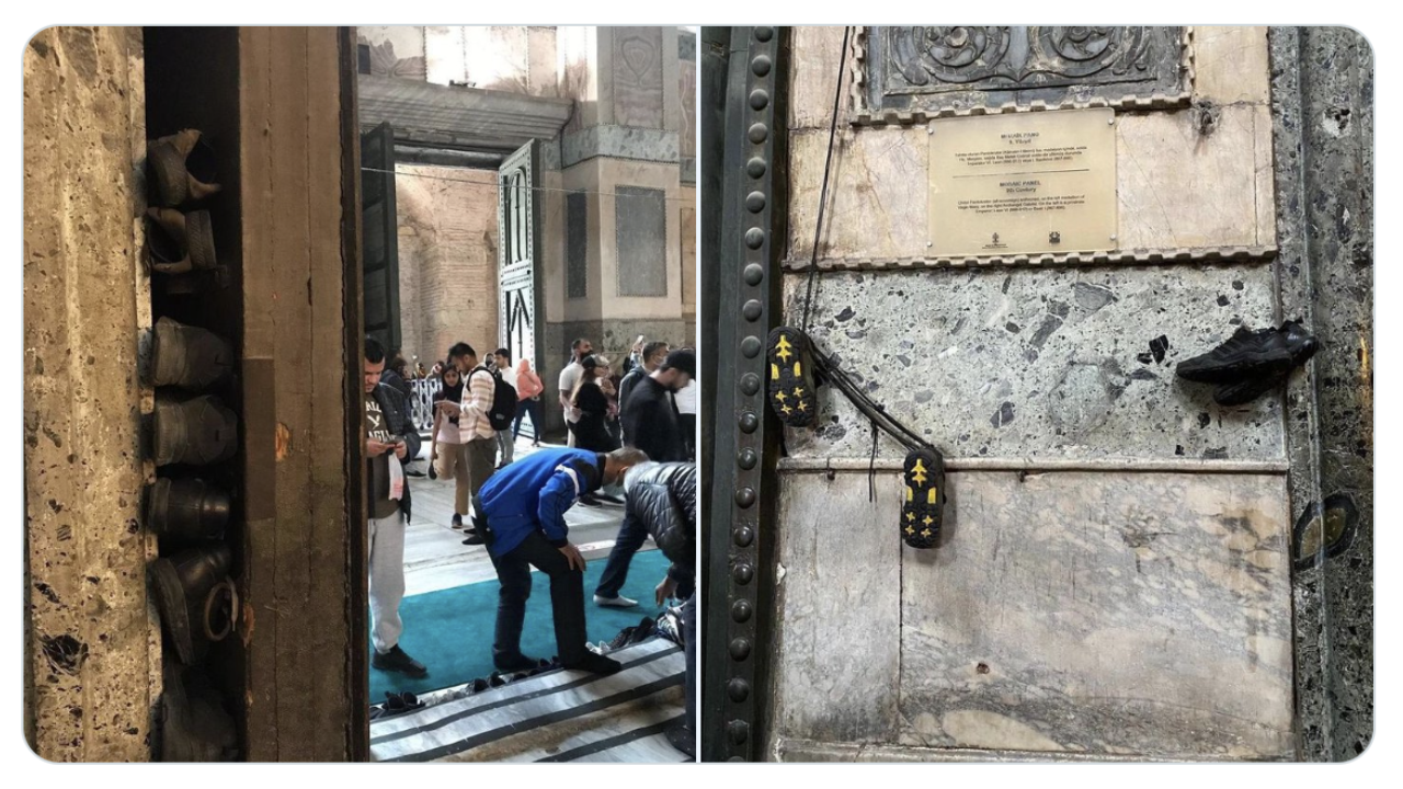 Ayasofya'dan görüntüler: Taşların arasına ve üstüne ayakkabı koydular!