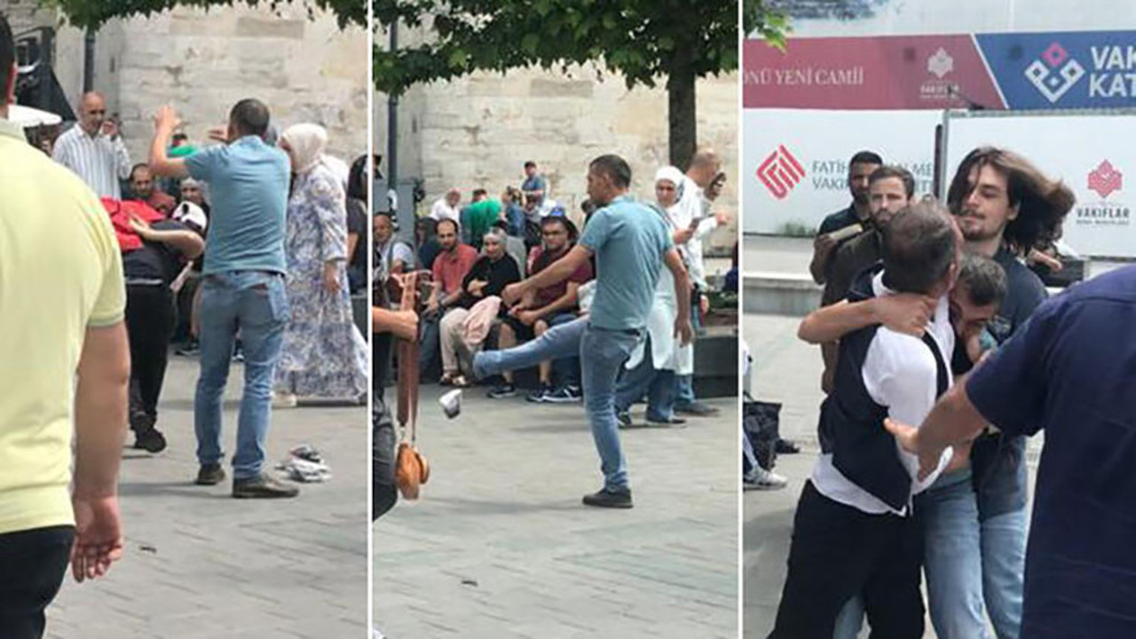 Kadına dayağı hazmedemedi dayakçı adama peş peşe kafayı indirdi. Eminönü’ndeki olayı bir tek o izlemedi
