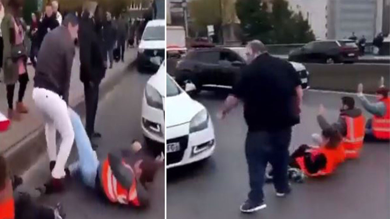 Sürücüler göstericileri kaldırıma attı. İklim aktivistleri yolu oturarak kapattı