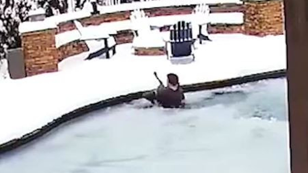 Köpeği buzlu havuza düşen genç kadın koşarak havuza atladı