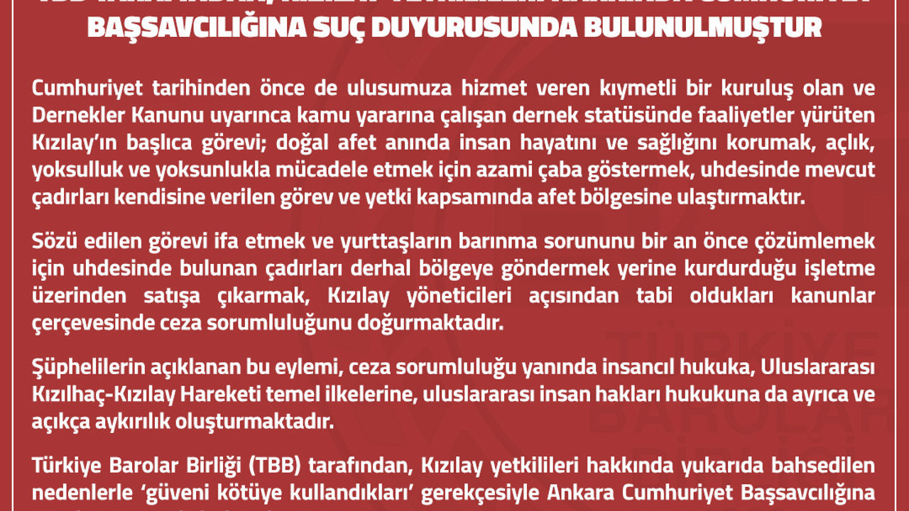 Son Dakika - TBB'den Kızılay yetkilileri hakkında suç duyurusu