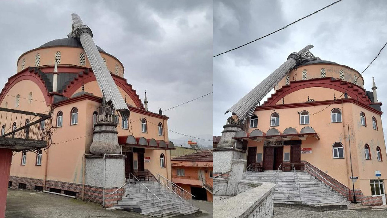 Zonguldak’ta şiddetli rüzgardan caminin minaresi devrildi