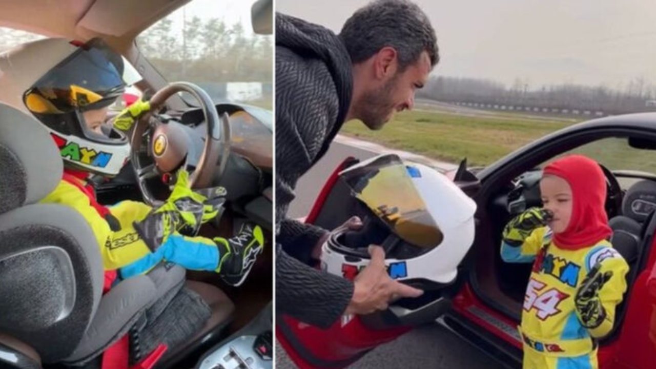 Kenan Sofuoğlu'nun 4 yaşındaki oğlu 1000 beygirlik arabayla şov yaptı. Hık demiş babasının burnundan düşmüş