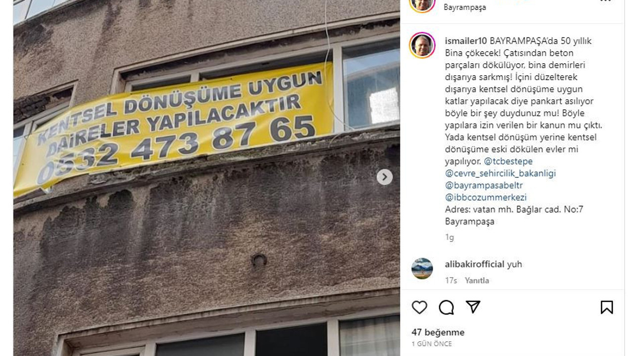 İstanbul'da çökmek üzere olan 50 yıllık binaya asılan pankart pes dedirtti. Kentsel dönüşüm boyut atladı