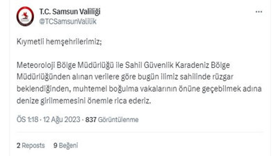 Samsun Valiliği'nden deniz uyarısı
