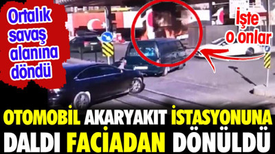 Otomobil akaryakıt istasyonuna daldı faciadan dönüldü. Ortalık savaş alanına döndü