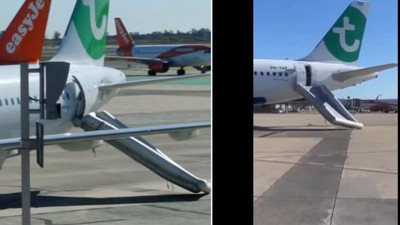 Kalkış öncesi uçakta ilginç olay. Acil tahliye botu patladı