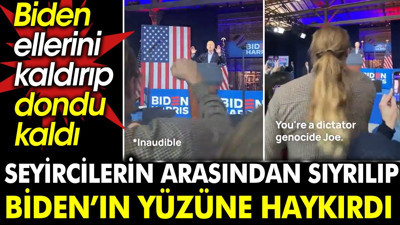 Seyircilerin arasından sıyrılıp Biden’ın yüzüne haykırdı. Biden ellerini kaldırıp dondu kaldı (10 Mart 2024)