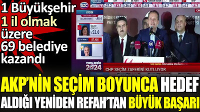 AKP’nin seçim boyunca hedef aldığı Yeniden Refah’tan büyük başarı. 1 Büyükşehir 1 il olmak üzere toplam 69 belediye kazandı