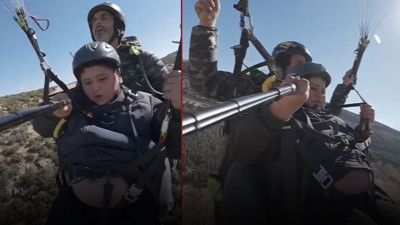 Havada eğlence dolu anlar! Yamaç paraşütüne binen çocuğun sözleri gündem oldu