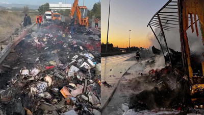 TIR’ın dorsesinde bulunan kargo ürünleri yandı