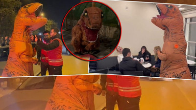 Sokaklarda dolaşan 'dinozor' herkesi şoke etti: Güldüren anlar kamerada