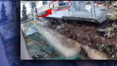 Servisten inerken yakalandılar! Okulun istinat duvarı böyle çöktü: Öğrenciler ölümden döndü