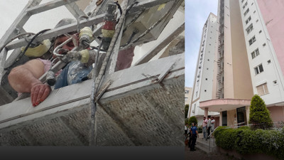 Metrelerce yüksekte asılı kaldılar! Seyyar iskelede korku dolu anlar