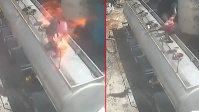 Ağzında sigara ile açmaya çalıştığı tanker kapağı bomba gibi patladı! Metrelerce savruldu