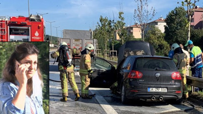 Kaza yaptı çekici ‘sıkıntı yok’ dedi. Seyir halinde otomobili yanınca hüngür hüngür ağladı