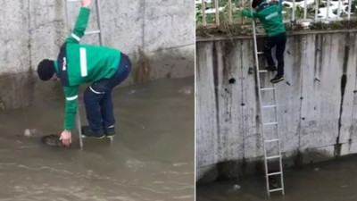 Akaryakıt istasyonu çalışanı suya düşme pahasına pes etmedi!