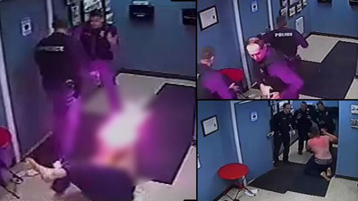 Üzerine önce dezenfektan sıktılar sonra şok tabancası kullandılar. Karakolun güvenlik kamerasında ortaya çıktı. Genç adam alevler içinde kaldı