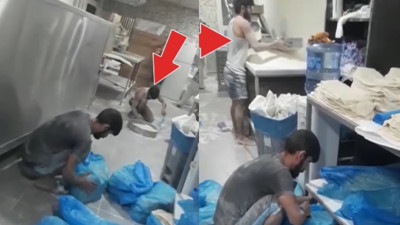 Önce yerden kürekle topladı sonra onlarla lavaş yaptı. Skandal görüntüler