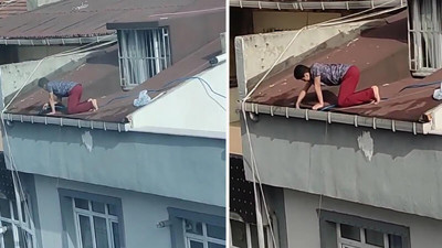 Çatıda tehlikeli temizlik! Yürekler ağızlara geldi…