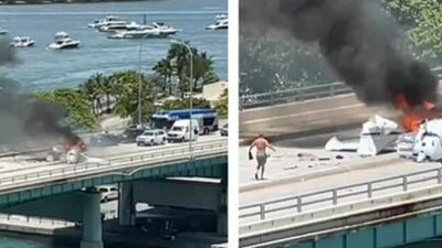 Köprüye uçak düştü. Alev alev yanan uçak böyle görüntülendi