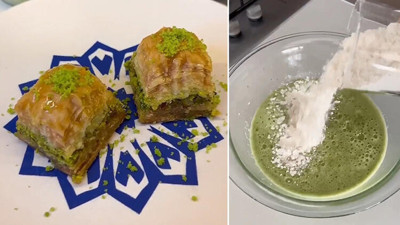 Baklavada fıstık hayal oldu. Yokluk bunu da yaptırdı. Fıstık yerine yeşil renkli sebzeleri koyuyorlar