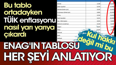ENAG'ın tablosu her şeyi anlatıyor. Bu tablo ortadayken TÜİK enflasyonu nasıl yarı yarıya çıkardı? Kul hakkı değil mi?