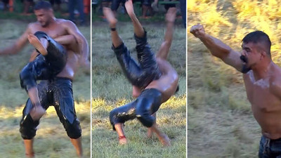 Şampiyon güreşçi o hareketi yapmak için günlerce eşekle çalışmış. İşte o görüntüler. Rocky'nin bile aklına gelmemişti