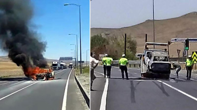 Kırmızı ışıkta bekleyen araca çarpan otomobil yandı