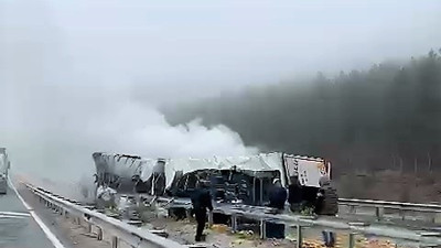 Devrilen meyve sebze yüklü tır alev aldı