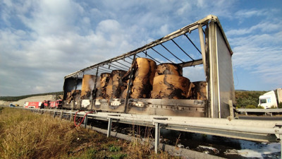 Tır dorsesi alev alev yandı