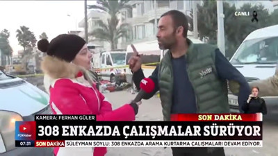 Depremzede canlı yayında tepki gösterdi. FOX muhabiri gazeteci gibi davrandı. Yandaşlara örnek olsun