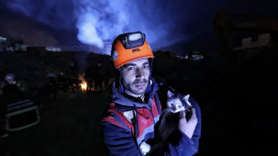 Enkazdan çıkardığı kediyi sahiplendi