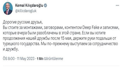 Kılıçdaroğlu Rusça tweet attı. Fake içerikler ve montaj kasetlerin arkasında kimin olduğunu açıkladı